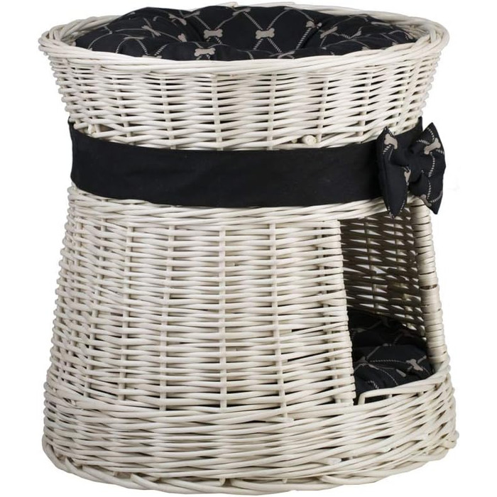 Кругла котяча хатинка e-wicker24 з плетеної лози, двоярусна, з подушкою та стрічкою, котячий будиночок (кремовий/чорний)
