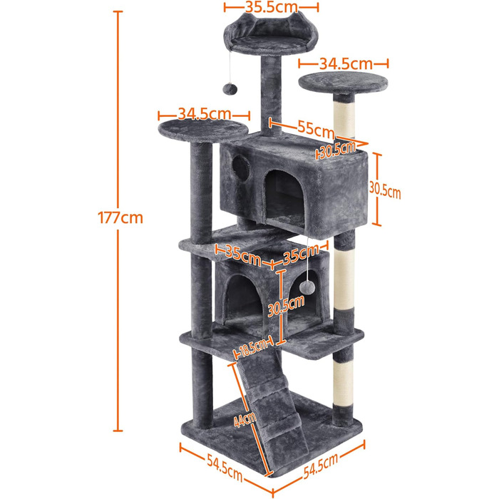 Кігтеточка для котів Yaheetech, велика, 178 см, з 3 платформами, 3 стовпчиками, 2 будиночками, м'ячі, сірий колір