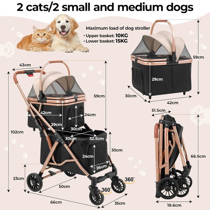 Візок для собак Mamizо 4 в 1, чорний, для 2 тварин до 15 кг, з переносною сумкою та колесами PU