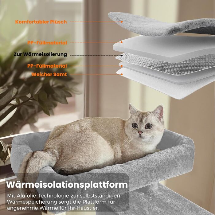 Котячий комплекс LEEJARD XXL: великий дерев'яний будиночок для котів з платформами, стійками для шліфування, будиночком, гамаком, іграшками та захистом від перекидання (180 см, світло-сірий)