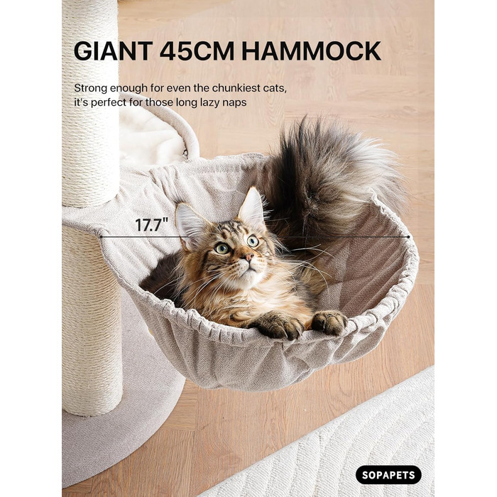 Великий котячий будиночок з дряпалкою для Мейн-куна, 165 см, котячий будиночок для кішок, дорослих, 9 кг, XXL, міцний, розкішний з великою гамаком, дряпка з сизалю, бежевий, 165 см