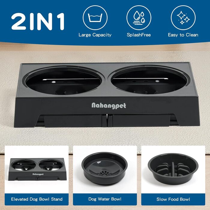 Миски для собак NAHANGPET 3-в-1: повільне годування, регульована висота, протиковзкі, для маленьких, середніх та великих собак, чорний (сірий)