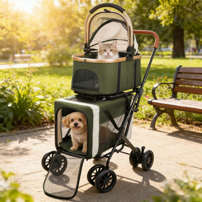 Дитяча коляска для тварин, бугі, складна, для собак та котів, з дихаючого мережива + водонепроникний оксфорд 300D + 4 колеса, переносна сумка для собак, складна до 20 кг (92 x 56 x 33 (зелений, 97*58*46))