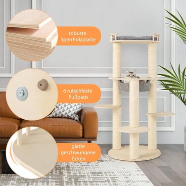 Кігтеточка для котів Costway 6-ярусна з гамаком та лежанками, сіра+натуральний колір, 66x66x150 см