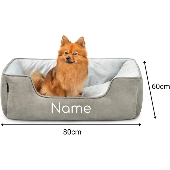 Ліжко для собак Lionto 2-в-1 з комфортним входом, м'яке домашнє ліжко для тварин, яке можна перевертати, для собак та котів, 110x80 см, подушка для собак з легкою у догляді оксамитовою обробкою (Д 80 x Ш 60 x В 26 см (з нанесенням імені), Темно-сірий/Світ