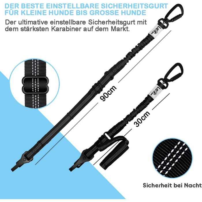 Автомобільний поводок для собак LeoPets: безпечний та регульований, 30-90 см, з карабіном, світловідбиваючий, чорний