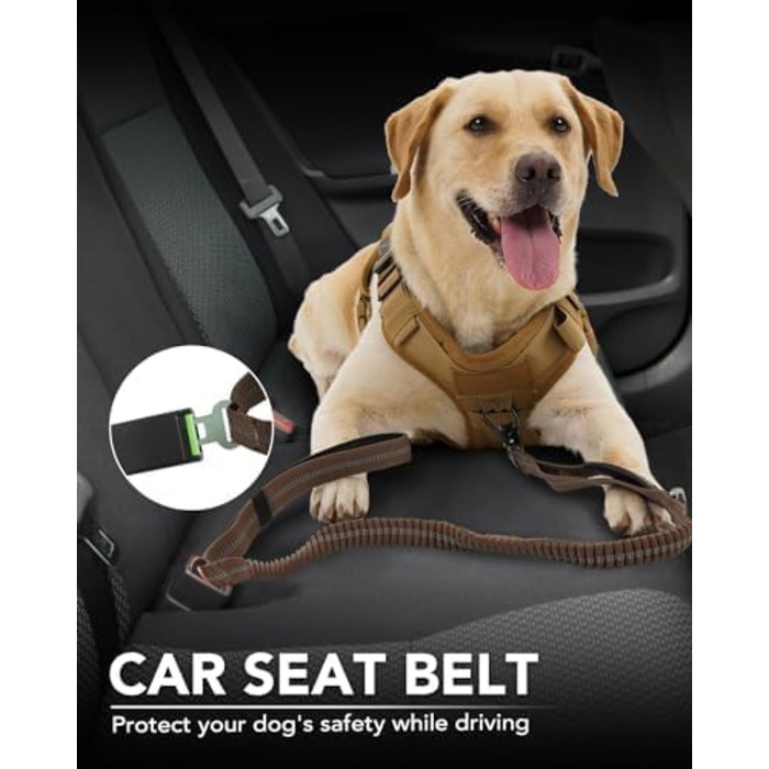 Тактична повідок для собак Joytale, еластична повідок з 2 м'якими ручками, страхувальний ремінь для автомобіля, повідок без ривка для собак середніх, великих та екстра-великих порід (1.2м-1.8м, коричнева)