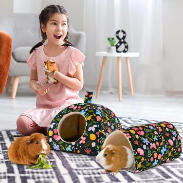 Будиночок та тунель для морських свинок Hedgeink – затишний дім та іграшки для кроликів, морських свинок, хоряків та інших дрібних тварин (зелений метелик та квіти)