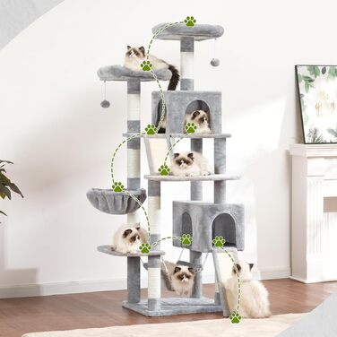 Комплекс для котів Kratzbaum 180 см: Дряпка-стовпчик з платформами, будиночками та іграшками, колір світло-сірий