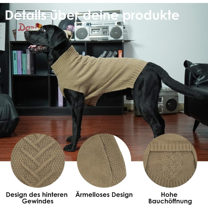 Пуловер для собак, теплий пуловер для великих собак, в'язаний пуловер для собак, флісовий пуловер для собак, для Лабрадора, хакі, 3XL XXXL