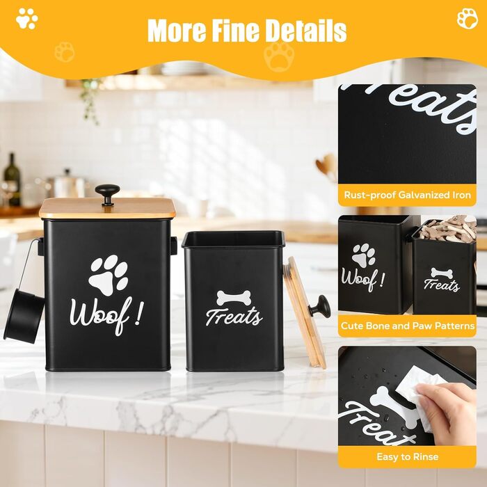 Контейнери для собачих ласощів 2 шт., Металеві банки для корму для собак з герметичними кришками, Чорний колір, 24 × 18 × 24,5 см