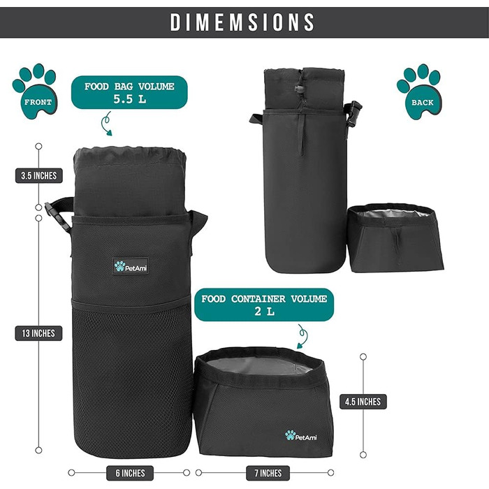 Сумка для корму для собак PetAmi | Сумка-переноска для сухого корму з розкладним набором мисок для води | Контейнер для корму для домашніх тварин для подорожей, кемпінгу, походів, аксесуари (чорний, сірий) Food Bag & Collapsible Bowls Чорний