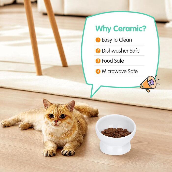 Набір мисок для котів Nobleza (2 шт) з кераміки, нахил 15°, проти блювоти, для корму та води, підходить для котів та маленьких собак, білий колір