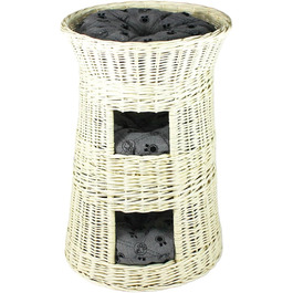 Кігтеточка-ліжко для котів: кругла хатинка, плетений будиночок з лози, триярусне ліжко для собак та котів, колір – білий, з сірим подушечком