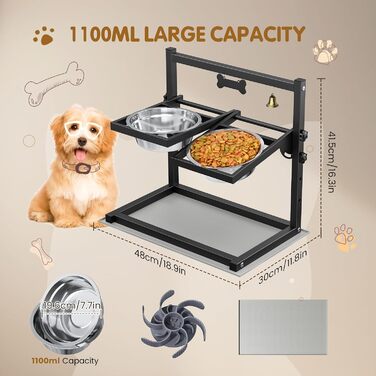 Підвищена годівниця для собак Sunowl, регульована по висоті та куту нахилу, 0-90°, 2 миски з нержавіючої сталі, повільне годування, не проливається, з килимком