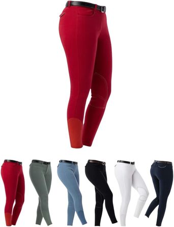 Верхні штани для їзди на конях Riding World Alexandrie для жінок та дітей | Еластичні штани з накладкою на колінах | з кишенями спереду | Легінси для верхової їзди в шести кольорах | Одяг для верхової їзди розмір 104-176 та 32-44, Зелений (38, Червоний)