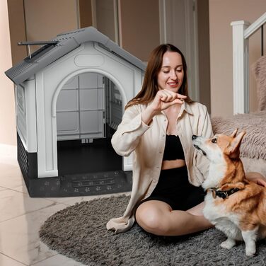 Коттедж для собак ORHEYA з пластику, з дверима, люками, вентиляційними гратами та піднятим дном, 79,5 x 70,5 x 78 см