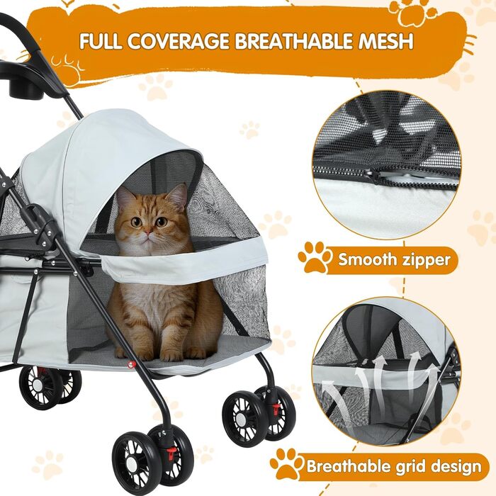 Дитяча коляска для тварин з 4 колесами, сіра: легка, складна, до 7,5 кг