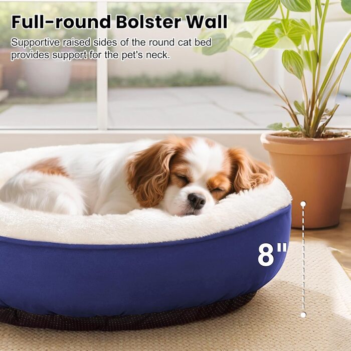 Кругле ліжко для котів та маленьких собак Love's Cabin, 50.8 см, оливково-зелене (темно-синій), з неслизьким та водовідштовхувальним дном, м'який та зносостійкий матеріал, можна прати