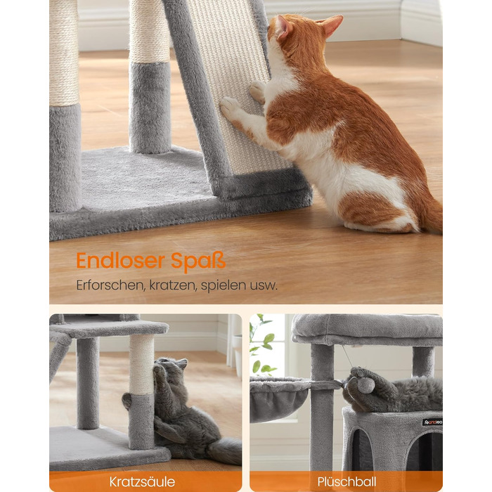 Дерево для котів Feandrea 96 см з великою платформою, будиночком, гамаком та сходами, м'який плюш, сірий PCT51W