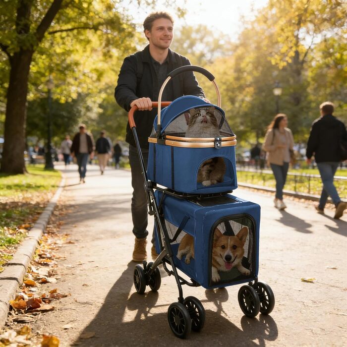 Візок для тварин, бугі для собак та котів, складний, блакитний. Матеріал: дихаюче сіткоподібне полотно + водовідштовхувальне оксфордське полотно 300D. Макс. вага: 20 кг.