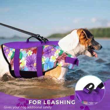 Жилет для плавання собак Hawaiian Sports Style, жилет-спасатель для собак з ручкою, регульований жилет для цуценят, плавальні жилети з Ripstop для собак маленьких, середніх та великих розмірів (Small, Квітковий + фіолетовий)