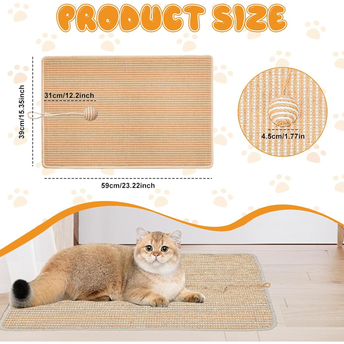 Килимок для дряпання котів, 2 шт., 60 x 40 см, сизаль, з дзвіночком, захист від подряпин