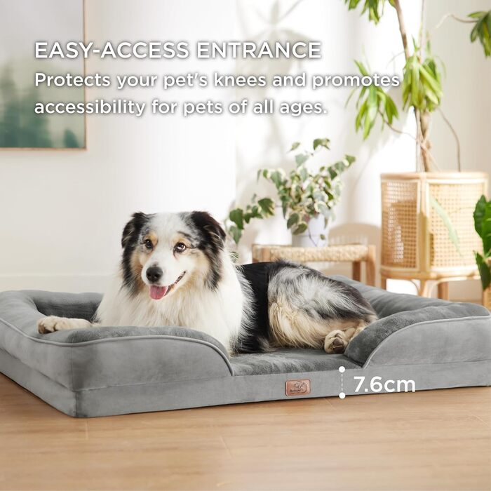 Ортопедичне ліжко для собак BEDSURE 106x80 см, ергономічний диван для великих собак, з яєчним поролоном, сірий, знімний чохол, антиковзке, пране
