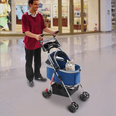 Візок для собак 3 в 1: візок-будка, візок для котів, візок для маленьких собак до 12 кг, складаний, з сумкою та кошиком (темно-синій)