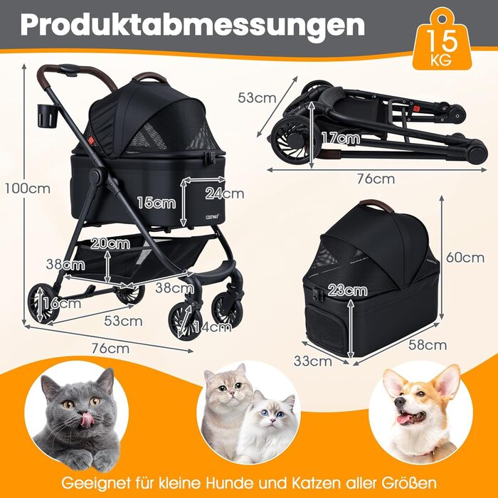 Візок для собак Costway 3 в 1, чорний: візок-будка, сумка-переноска, з регульованим дахом та корзиною