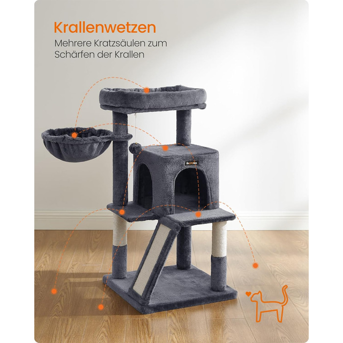 Дерево для котів Feandrea 96 см з платформою, будиночком, гамаком та сходами, PCT51W (димно-сірий)
