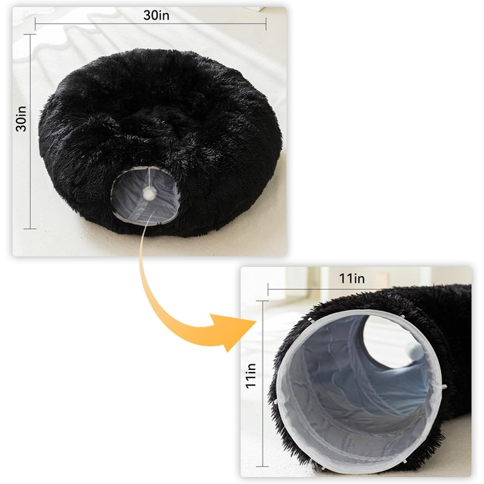 Туннель-лежанка для котів HIPIPET з плюшу, чорного кольору, для закритих приміщень, багатофункціональна іграшка для кошенят, середніх та великих котів