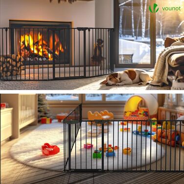 Захист для каміну Vounot - сітка металева, 5 елементів, з дверцятами, чорна 300x75 см (375 см у складеному стані)