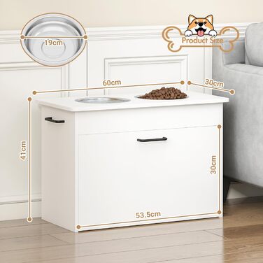 Підвищений годівниця для собак великих порід, білий футерний шафчик з 2 нержавіючими мисками, станція для годування собак з місцем для зберігання та 3 ручками, годівниця для собак на підставці, бар для собак середніх порід, 60x30x41 см