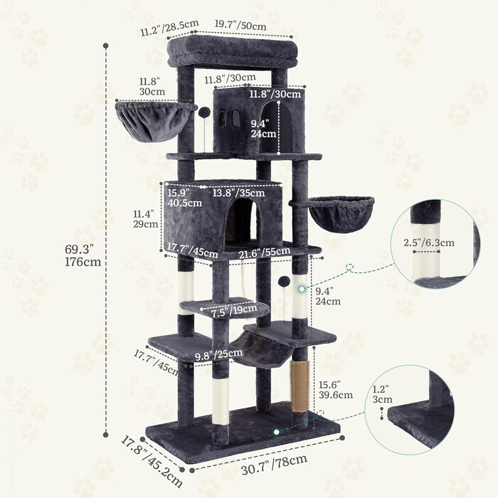 Дерев'яний комплекс для котів YITAHOME з подряпальниками, будиночком та лежаками, 157 см, сірий