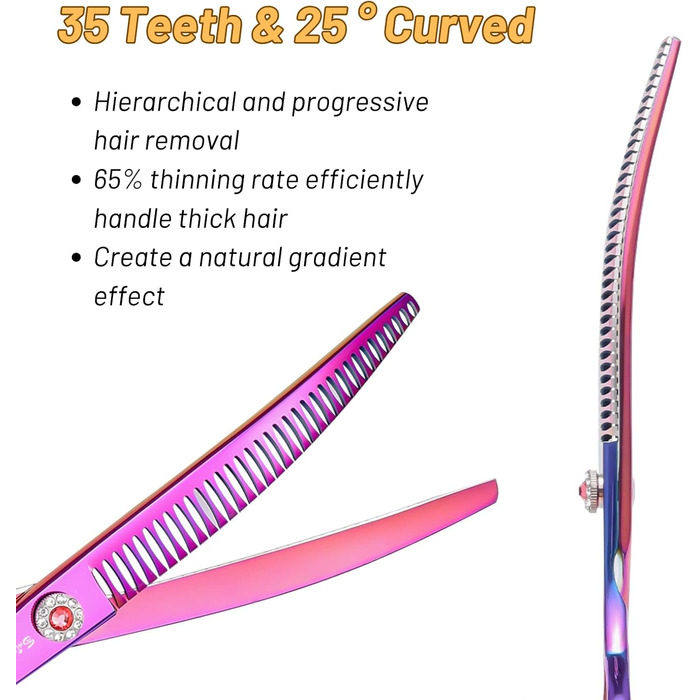Професійна вигнута ножиця для грумінгу домашніх тварин 7.5 дюймів (25 градусів) з 35 зубцями, фіолетового кольору, преміум-якість