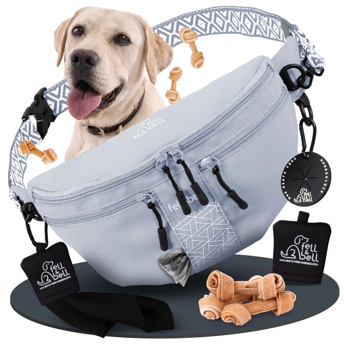 Водонепроникний ласоконний мішечок для собак fell&bell Leckerlitasche – з 2 відділеннями для снеків, 1,8 л основного відділення, кишенькою для телефону та диспенсером для відходів | Сумка для годування собак, тренувань та цуценят, блакитно-сіра