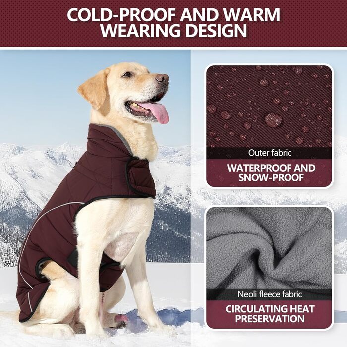 Водонепроникний зимовий теплий нашийник для собак з підкладкою з флісу, світловідбиваючий, з D-подібним кільцем, для малих, середніх та великих собак, для активного відпочинку, кемпінгу, прогулянок, червоний, розмір L