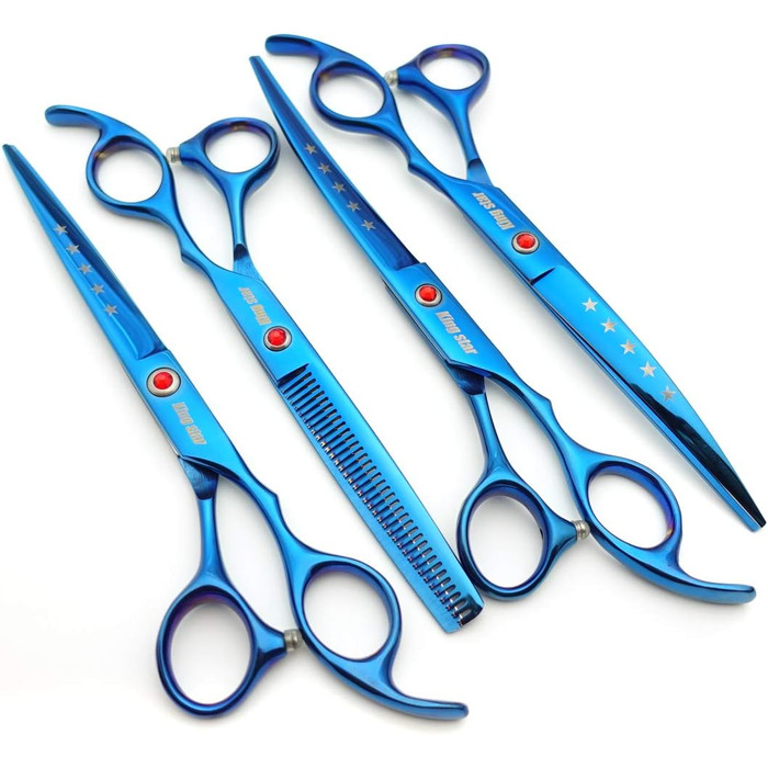 Професійний набір ножиць для грумінгу домашніх тварин: 4 шт. (прямі, тонкі, вигнуті), титанове покриття, блакитний колір