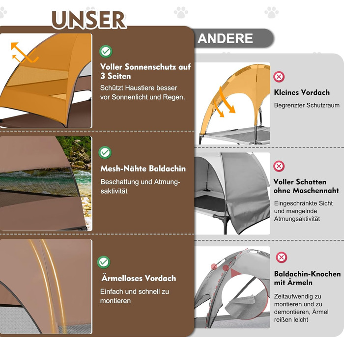 Лежанка для собак Snagle Paw з дахом, піднятий дизайн - стабільне ліжко для собак з антиковзними ніжками, широка тінь - водонепроникна для великих собак, для дому/на вулицю, кемпінг та сад, коричнева, 106 x 84 x 76 см