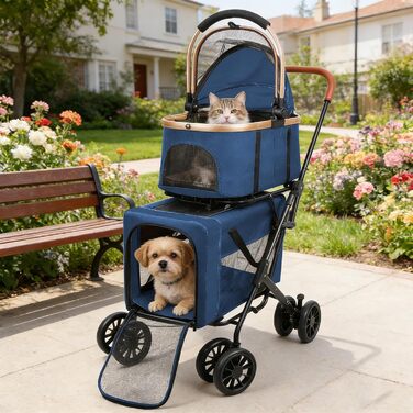 Візок для тварин, бугі для собак та котів, складний, блакитний. Матеріал: дихаюче сіткоподібне полотно + водовідштовхувальне оксфордське полотно 300D. Макс. вага: 20 кг.