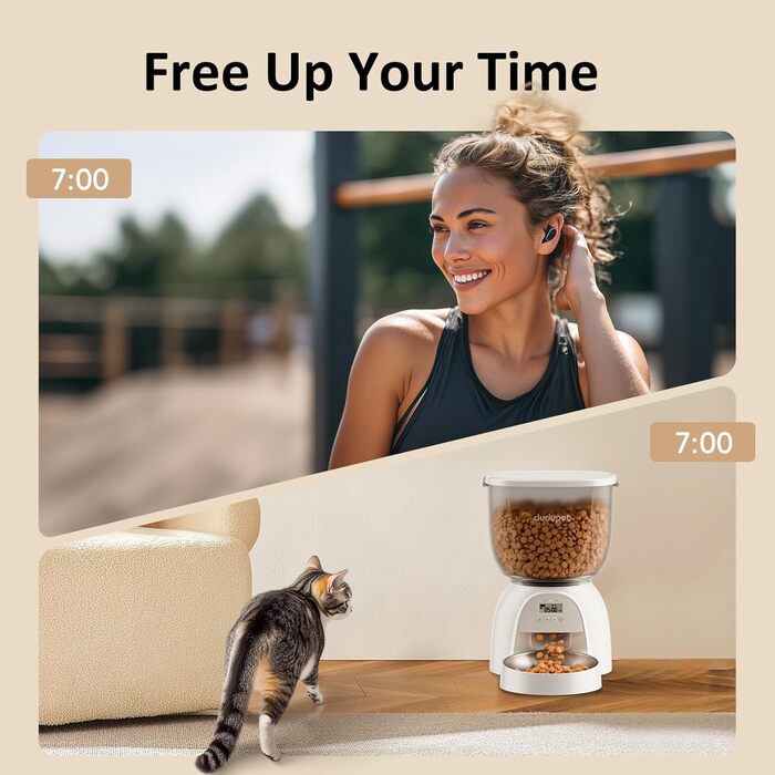 Автомат для годування котів, інтелектуальний диспенсер корму для котів та собак, просте керування, 1-6 прийомів їжі на день, подвійне живлення, 5л (білий сріблястий)