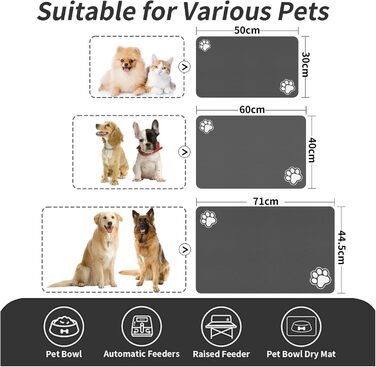 Підстилка для годівлі домашніх тварин – вбираюча підкладка під миски для їжі та води, стійка до плям, швидковисихаюча (темно-сірий, 2 лапки, 44.5 x 71 см)
