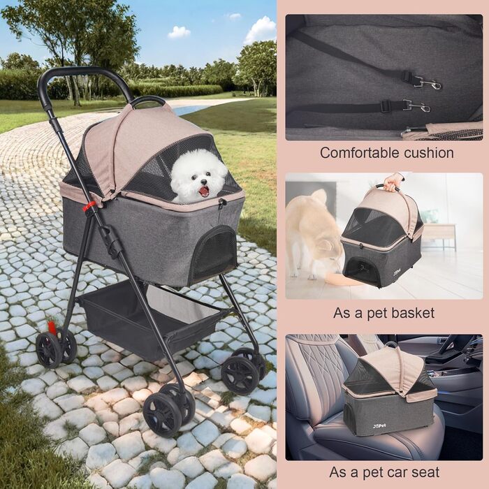 Складаний візок для тварин Tierwagen для собак та котів, легкий та компактний, знімний кошик, темно-персиковий/темно-сірий