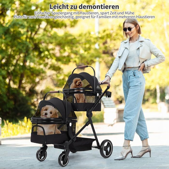 Складаний візок для собак та візок-буги для тварин до 15 кг, розкладний, з поводками безпеки, сітковими віконцями та місцем для зберігання, ідеальний для подорожей та прогулянок (Чорний, Подвійний)