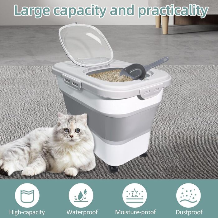 Складаний контейнер для корму для собак та котів, 8 кг, з колесами, сірий