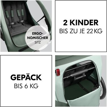 Фаркоп-причіп Hauck Dryk Duo Plus Set для 2 дітей з люлькою, тентом та дощовим захистом – складаний, з підвіскою та функцією коляски (Темно-зелений)