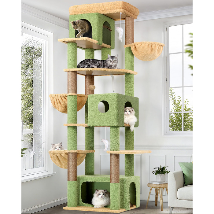 Драбина для котів Globlazer 204 см з 3 будиночками, 2 великими платформами, 3 м'якими кошиками, стабільна, для 3-5 котів, відпочинок, ігри, дряпання, зелений (XXL)