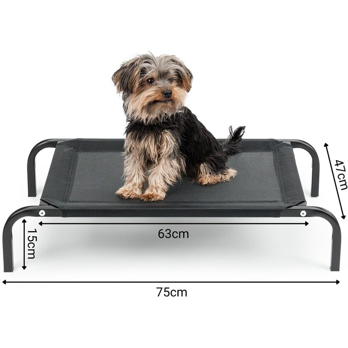 Лежанка для собак Lionto Outdoor, 75x47 см, піднята, з металевим каркасом, чорна, знімний дихаючий чохол