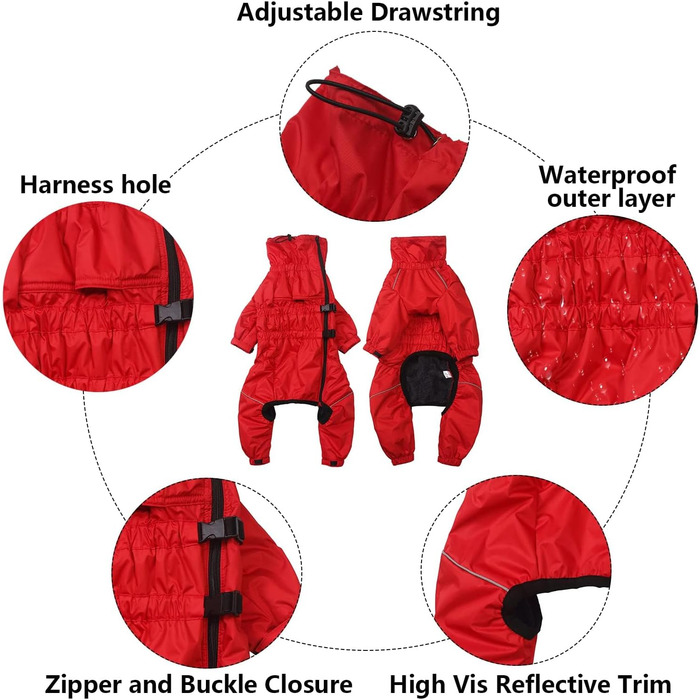 Зимовий комбінезон для собак з ніжкою, водонепроникний, з флісовою підкладкою, вітростійкий, світловідбиваючий, для маленьких та середніх собак, червоний, XL